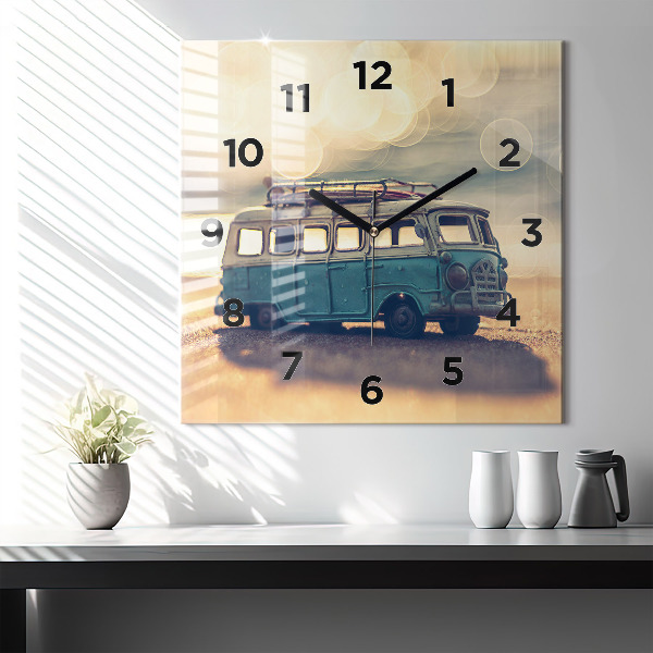 Square glass wall clock Camper on the beach