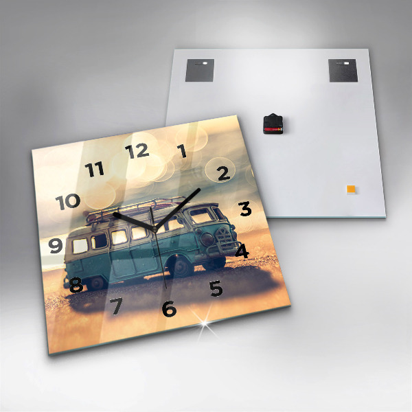 Square glass wall clock Camper on the beach
