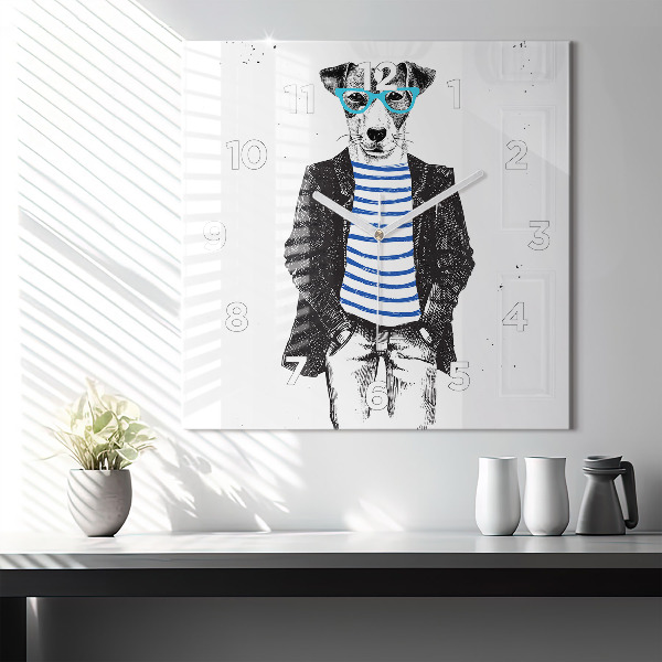 Square glass wall clock A dog in a human body