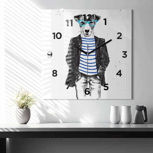 Square glass wall clock A dog in a human body