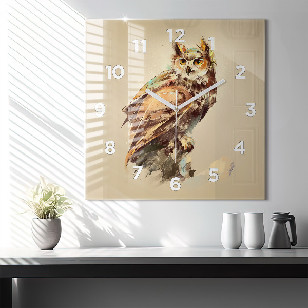 Square glass wall clock Owl - a sign of wisdom