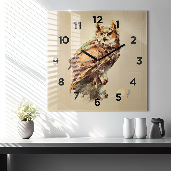 Square glass wall clock Owl - a sign of wisdom