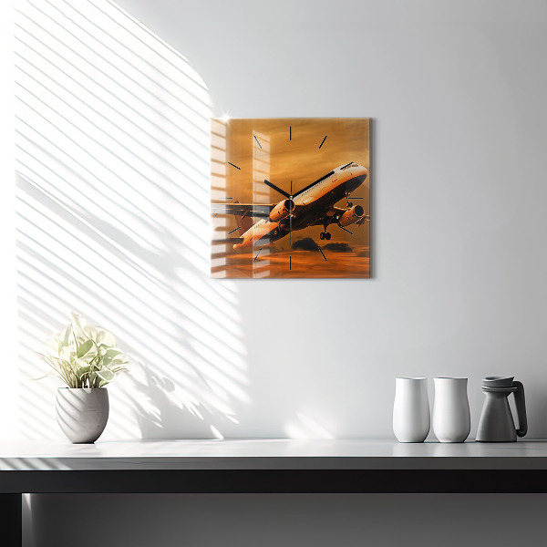 Square glass wall clock Travel by plane