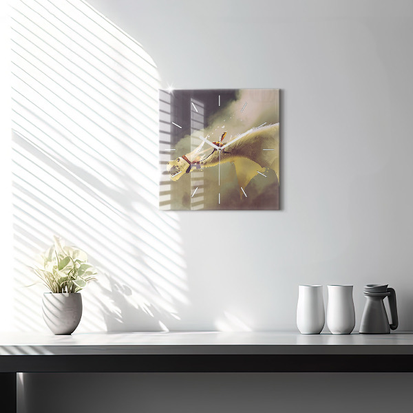 Square glass wall clock Dragon Rider Illustration