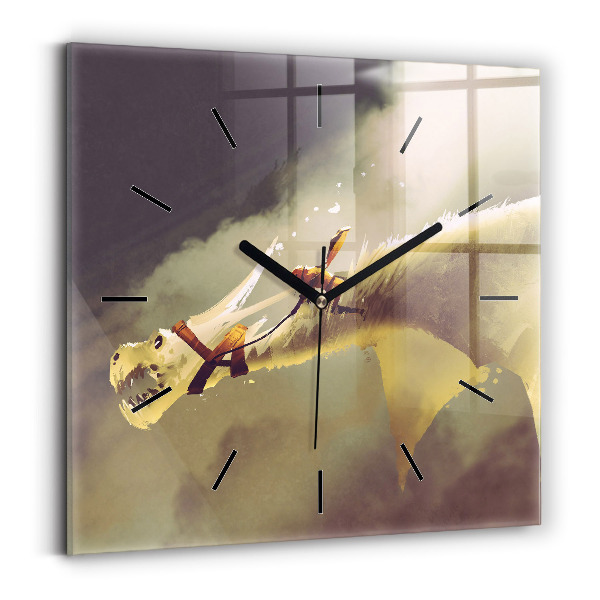 Square glass wall clock Dragon Rider Illustration