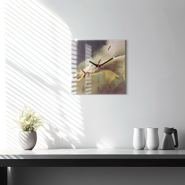 Square glass wall clock Dragon Rider Illustration