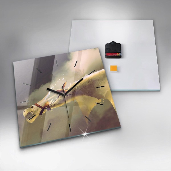 Square glass wall clock Dragon Rider Illustration