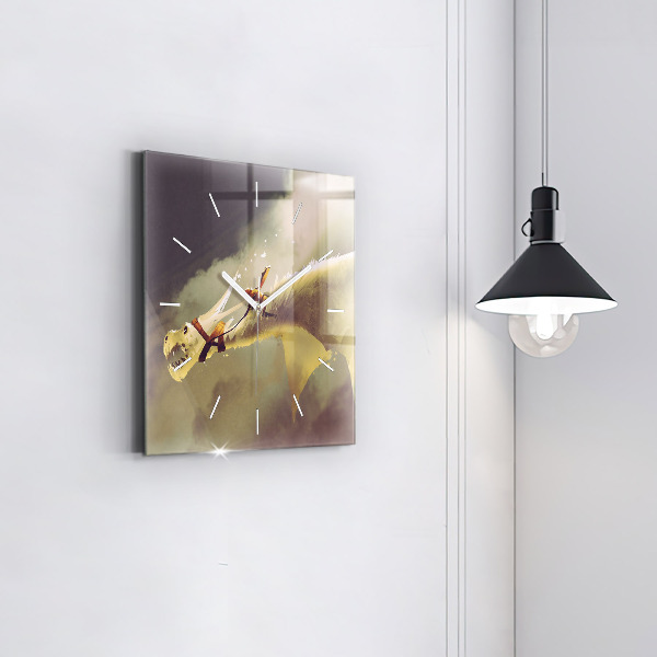 Square glass wall clock Dragon Rider Illustration