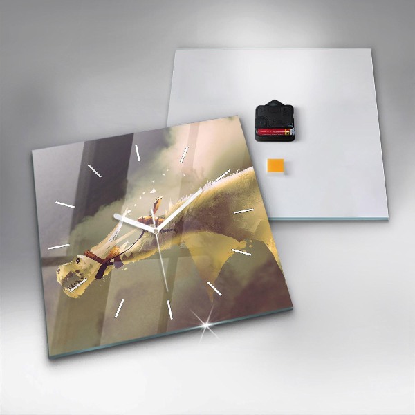 Square glass wall clock Dragon Rider Illustration