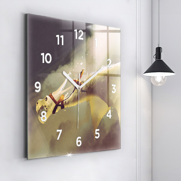 Square glass wall clock Dragon Rider Illustration