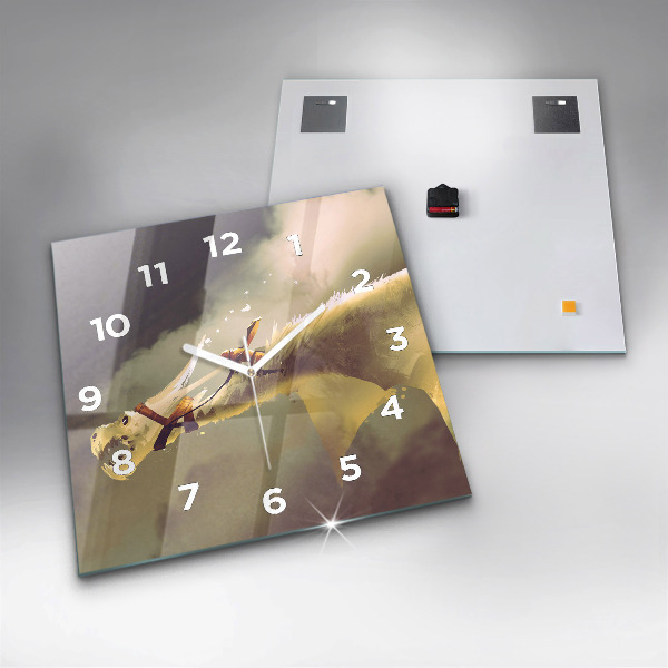 Square glass wall clock Dragon Rider Illustration