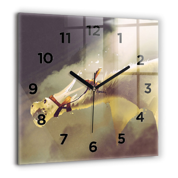 Square glass wall clock Dragon Rider Illustration
