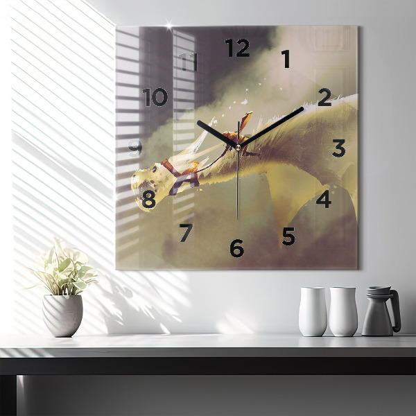 Square glass wall clock Dragon Rider Illustration