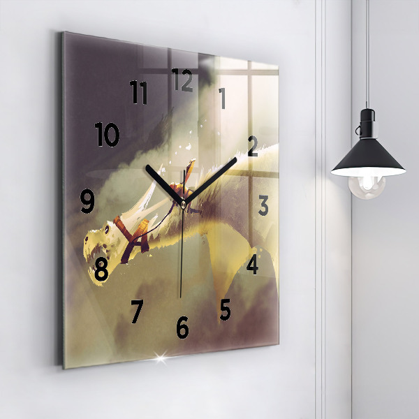 Square glass wall clock Dragon Rider Illustration