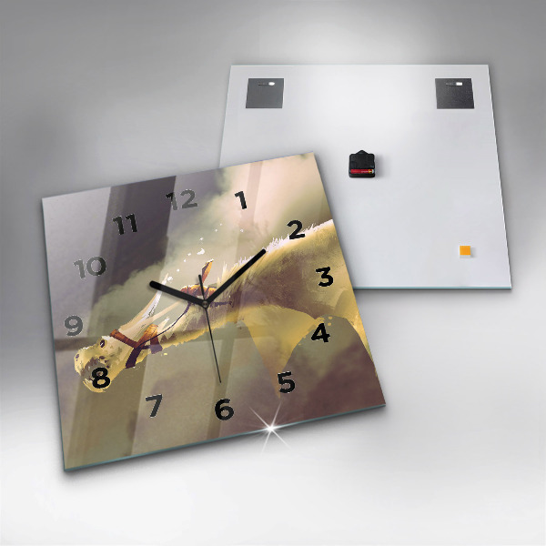 Square glass wall clock Dragon Rider Illustration