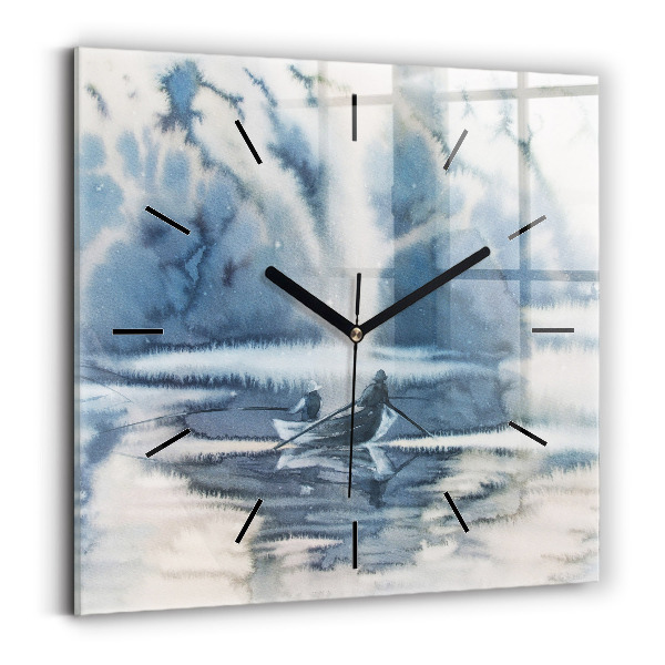 Square glass wall clock Winter Lake Łódka
