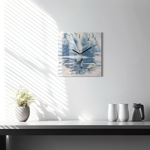 Square glass wall clock Winter Lake Łódka