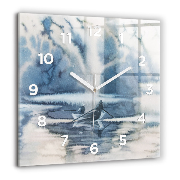 Square glass wall clock Winter Lake Łódka
