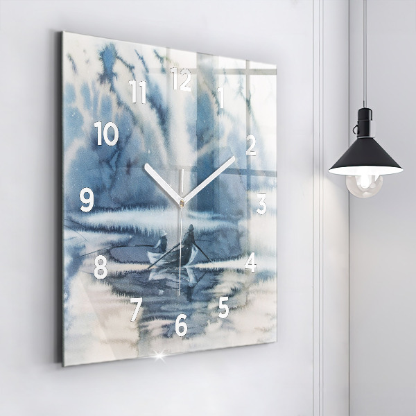 Square glass wall clock Winter Lake Łódka