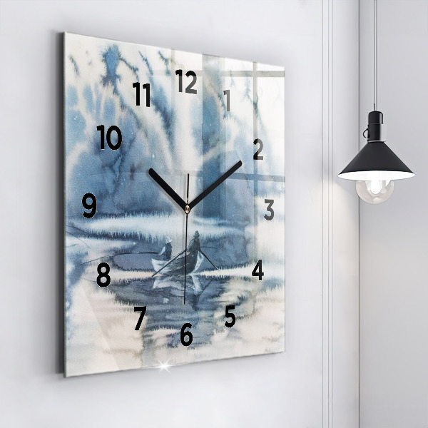 Square glass wall clock Winter Lake Łódka