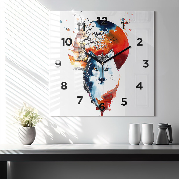Square glass wall clock The Wolf and the Full Moon