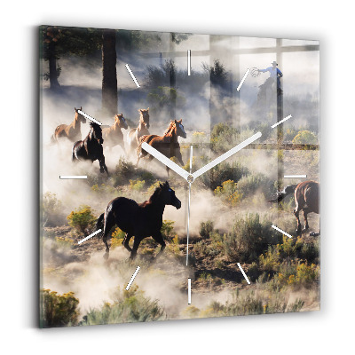 Square glass wall clock A herd of rushing horses