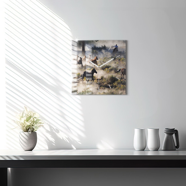 Square glass wall clock A herd of rushing horses