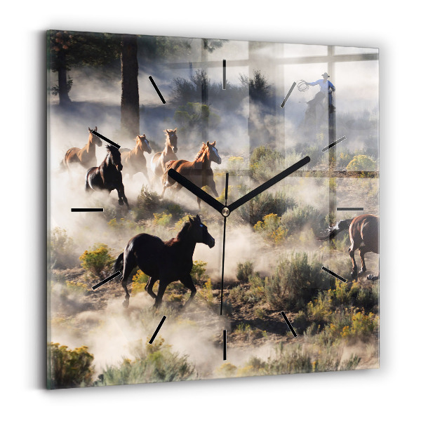 Square glass wall clock A herd of rushing horses