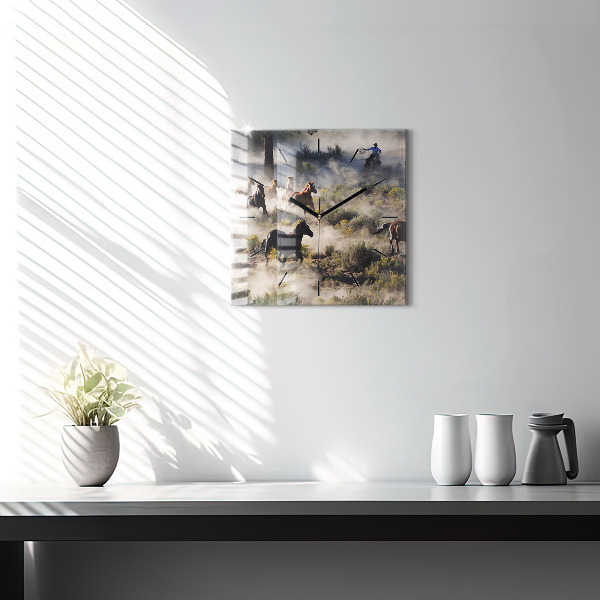 Square glass wall clock A herd of rushing horses