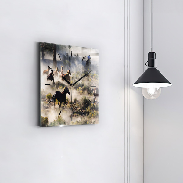 Square glass wall clock A herd of rushing horses