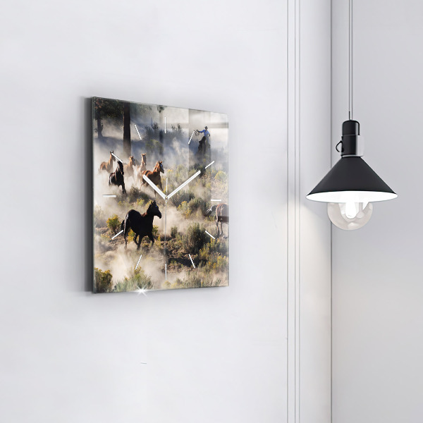Square glass wall clock A herd of rushing horses