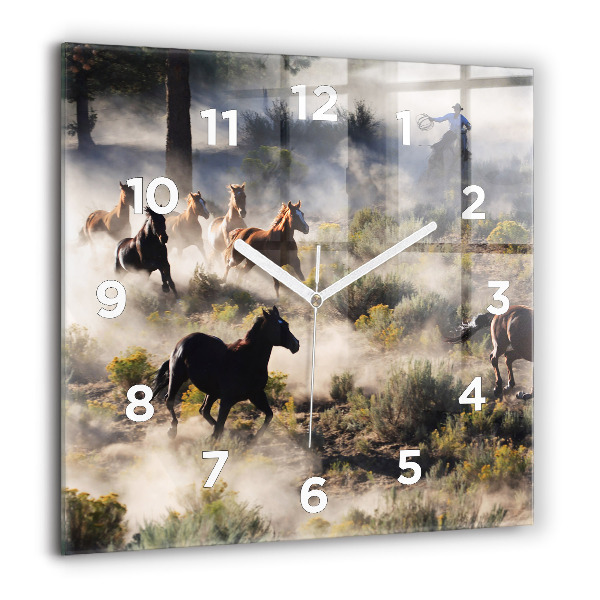 Square glass wall clock A herd of rushing horses