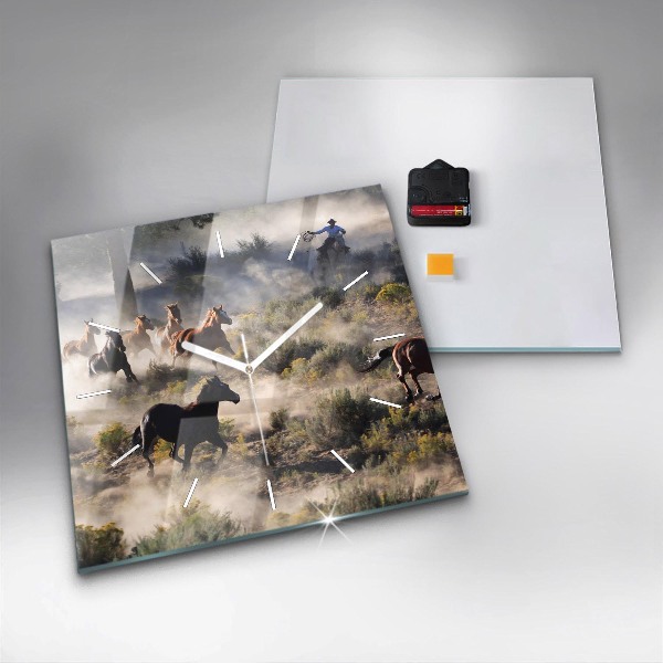 Square glass wall clock A herd of rushing horses