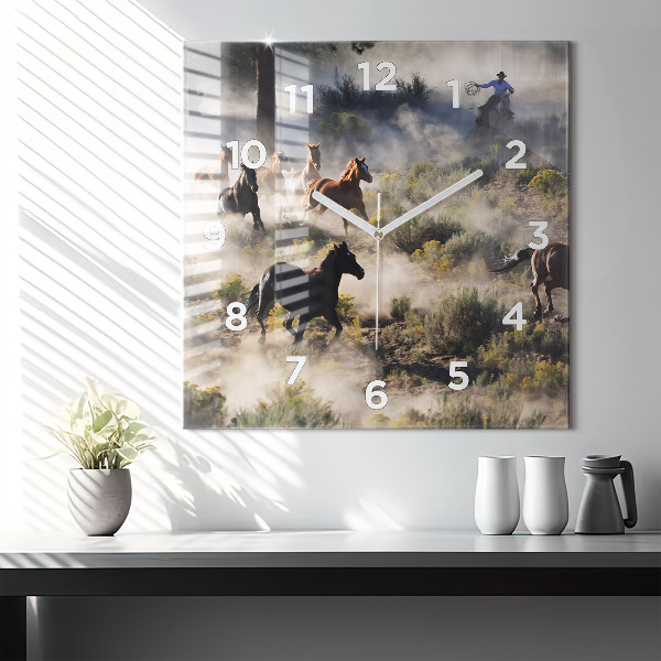 Square glass wall clock A herd of rushing horses