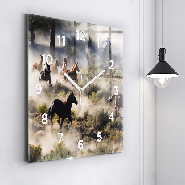 Square glass wall clock A herd of rushing horses