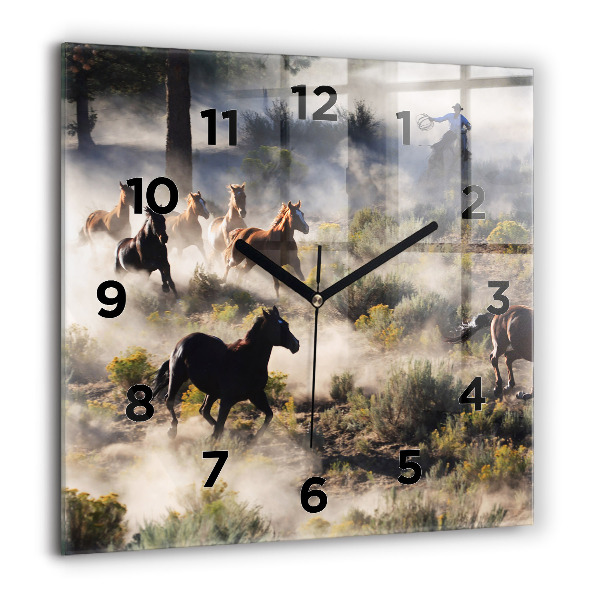 Square glass wall clock A herd of rushing horses
