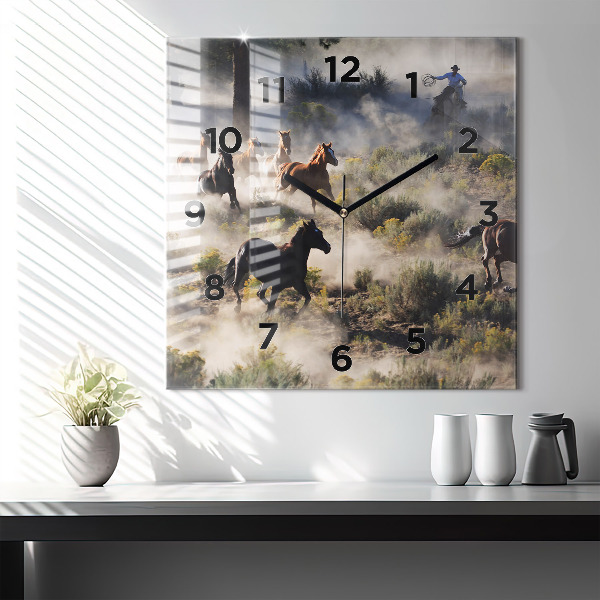 Square glass wall clock A herd of rushing horses