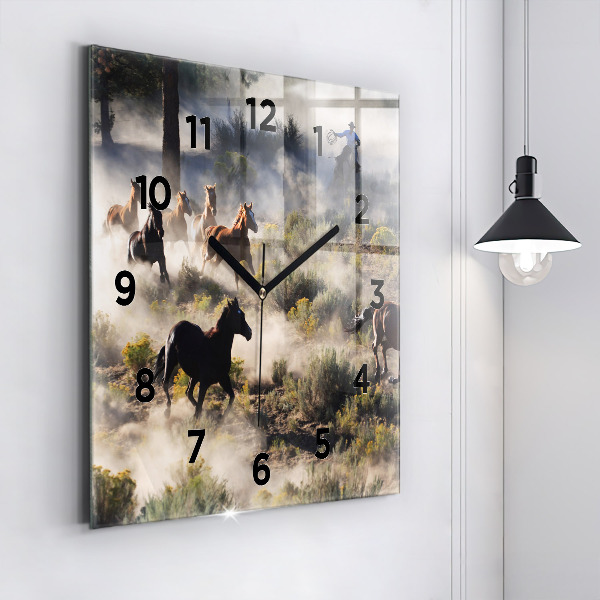 Square glass wall clock A herd of rushing horses
