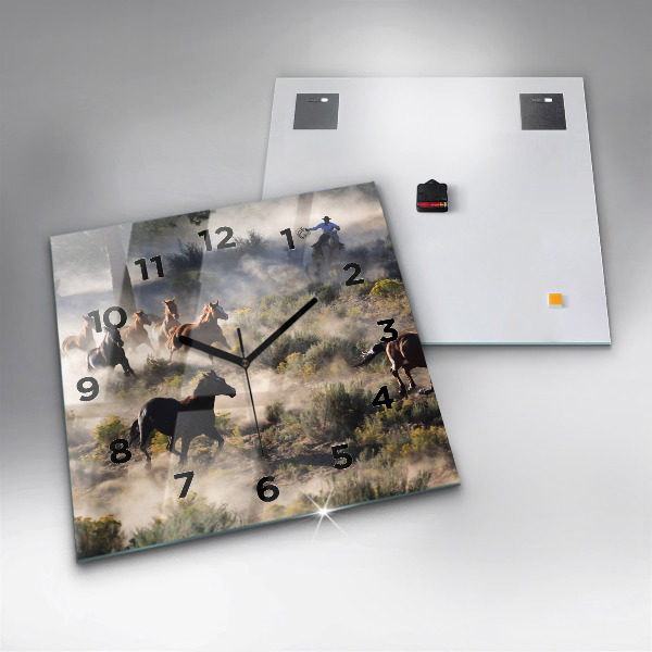 Square glass wall clock A herd of rushing horses
