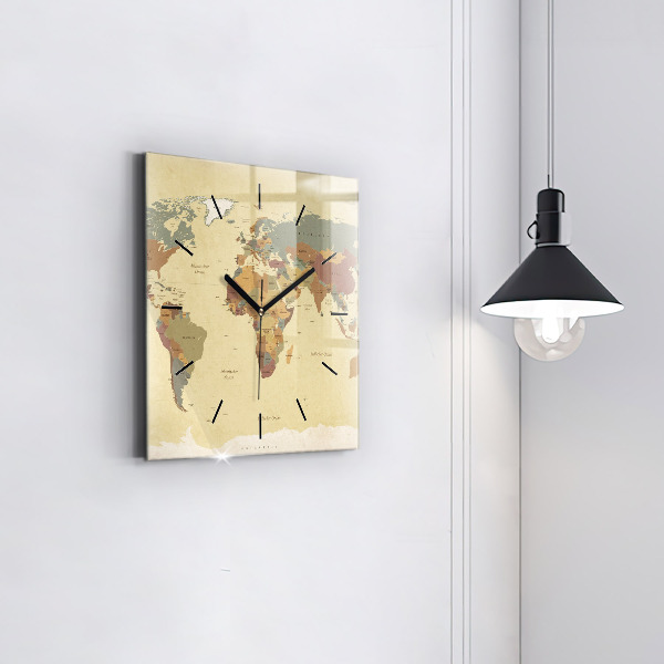 Square glass wall clock Vintage World Map