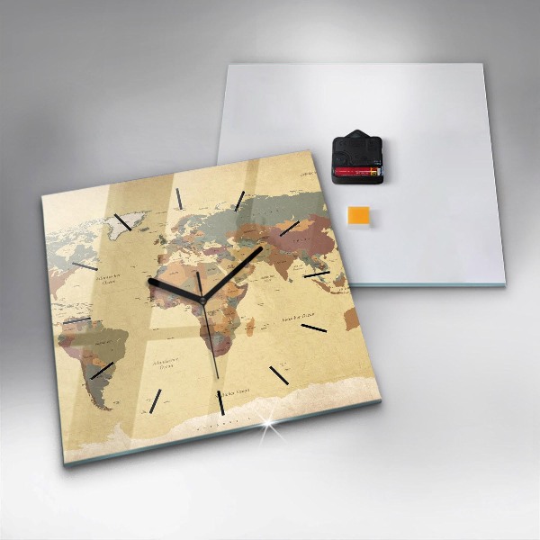 Square glass wall clock Vintage World Map