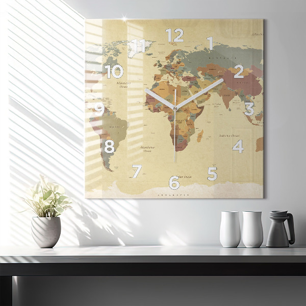 Square glass wall clock Vintage World Map