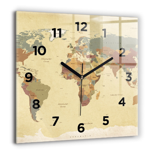 Square glass wall clock Vintage World Map