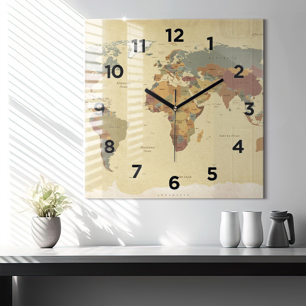 Square glass wall clock Vintage World Map