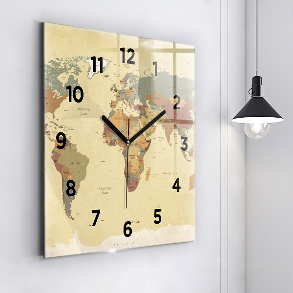 Square glass wall clock Vintage World Map