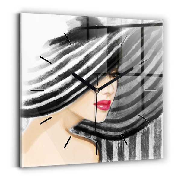 Square glass wall clock Woman in Black and White