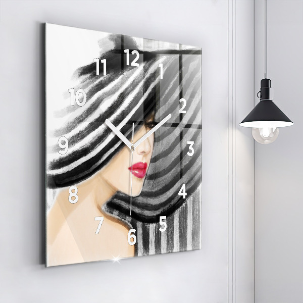 Square glass wall clock Woman in Black and White