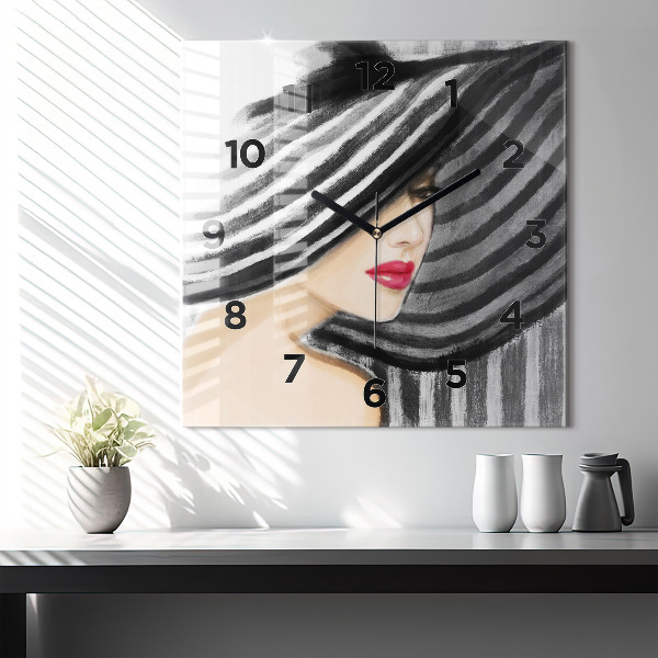 Square glass wall clock Woman in Black and White