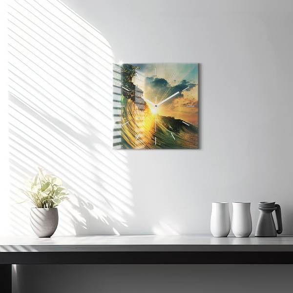 Square glass wall clock Waves Sunset Perspective