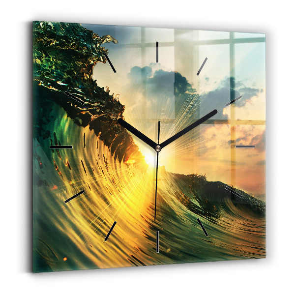 Square glass wall clock Waves Sunset Perspective